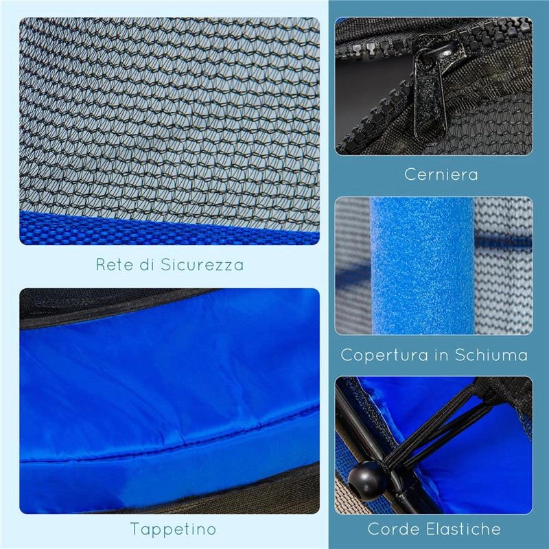TAPPETO ELASTICO PER BAMBINI CON RETE DI SICUREZZA E PALI IMBOTTITI ETÀ 3-10 ANNI Ø 140 X 190 CM BLU