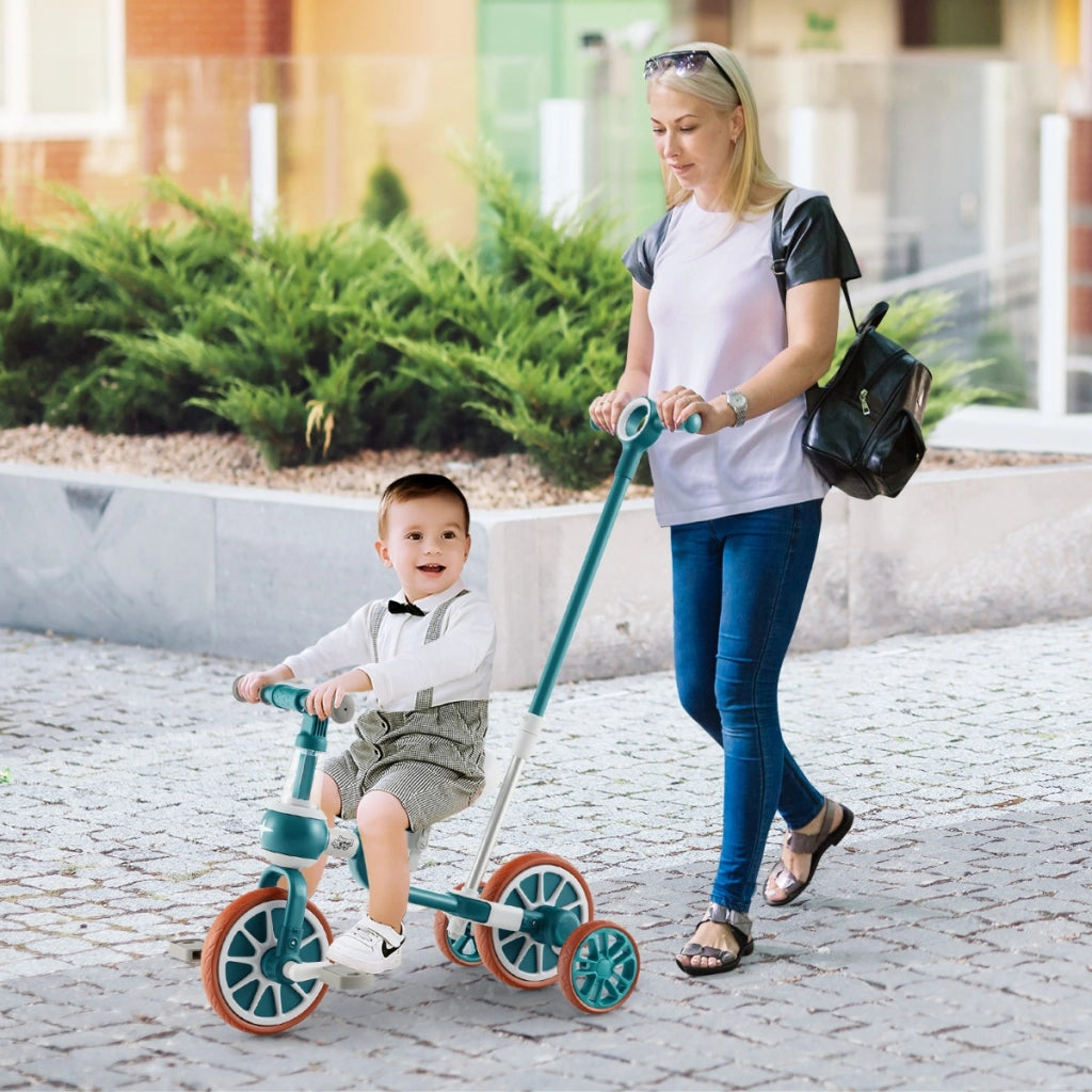 Triciclo per bambini con maniglione altezza regolabile pedali rimovibili, Bici a 4 ruote Verde-Biciclette e tricicli
