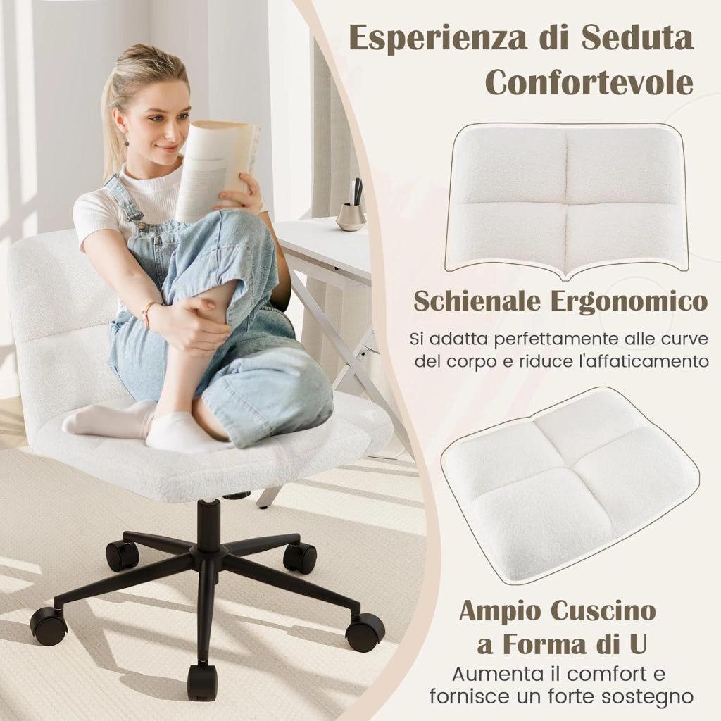 Sedia a Gambe Incrociate, Sedia da Ufficio con Ruote, con Seduta Riempita, Altezza Regolabile, Senza Braccioli, Portata 160 kg (Beige)