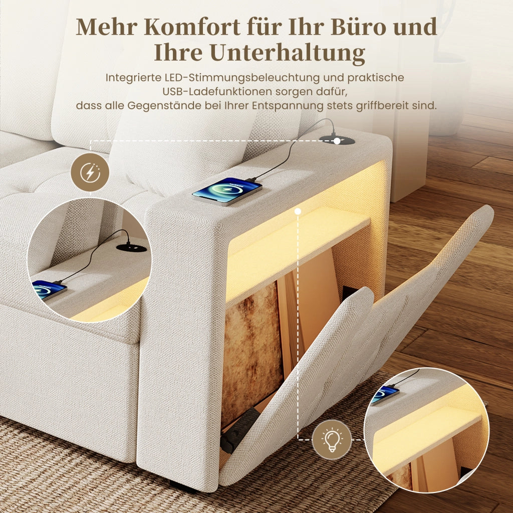 DIVANO angolare modulare 253 cm beige con pouf contenitore e USB Type-C