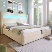 Letto contenitore 180x200 cm con LED e ricarica USB e Type C in lino beige