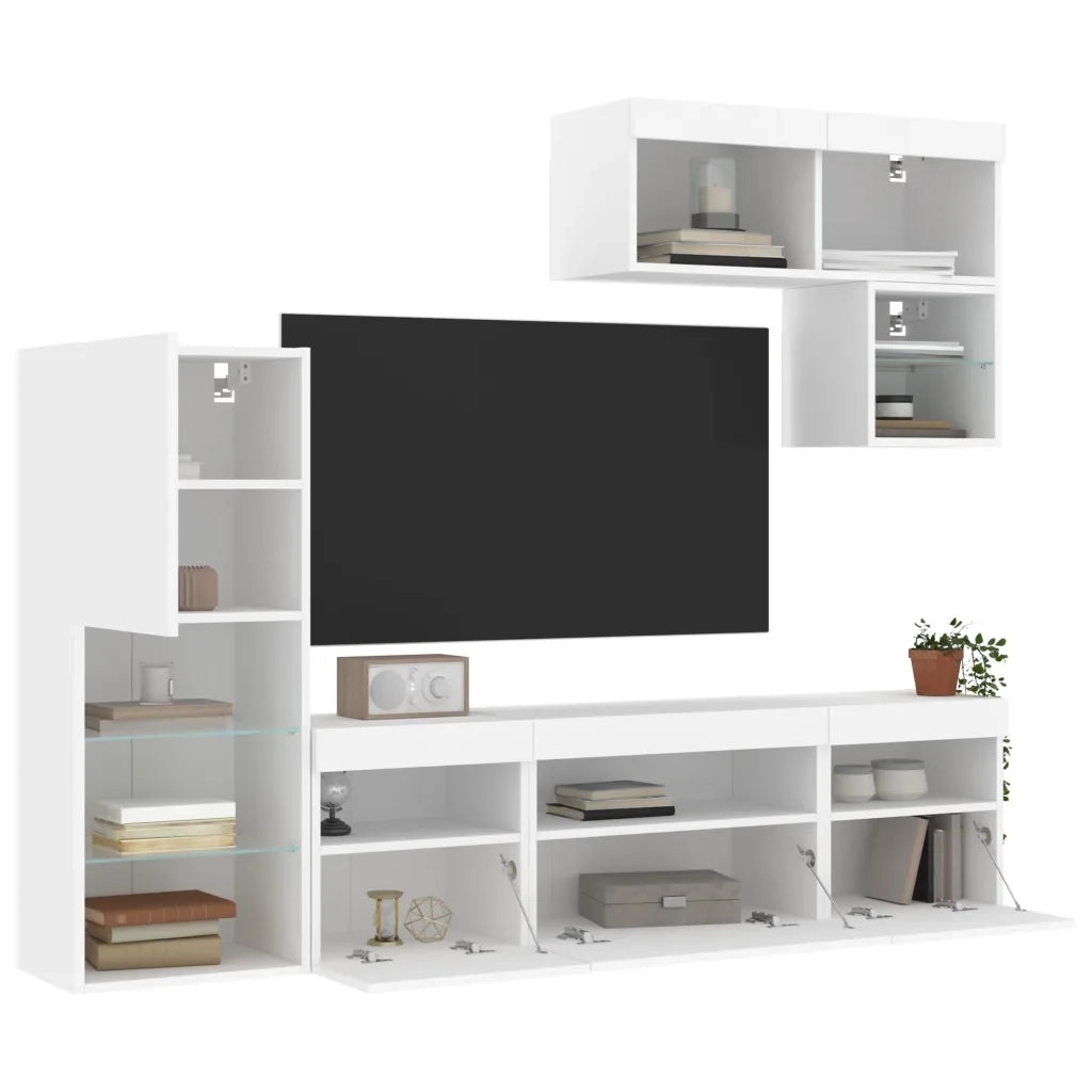 Mobili TV a Muro con LED 6pz-Set di 6 Credenza per TV sospesa Bianchi in Legno Multistrato