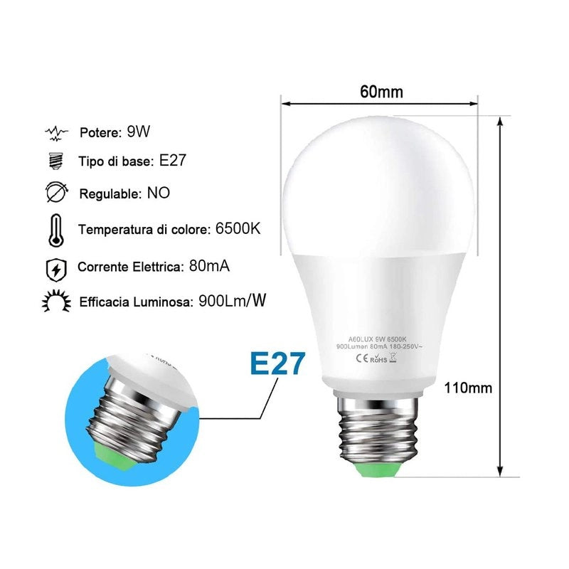 Lampada A Led E27 Con Sensore Crepuscolare 9W 900 Lumen A60 3000K Day Night Sensor