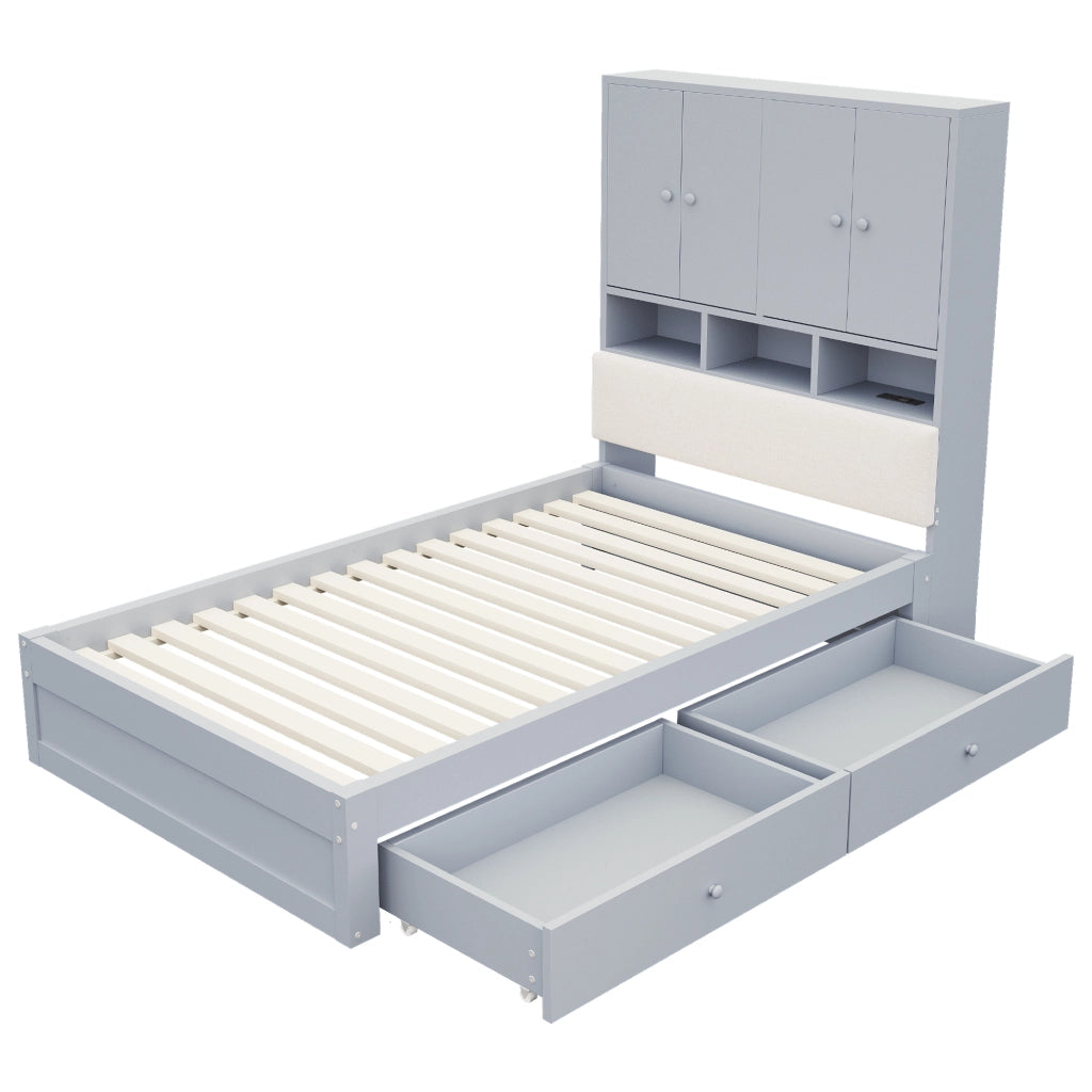Letto singolo per bambini 90x200 cm con testiera imbottita; vani; LED; presa elettrica; cassetto e rete; legno grigio