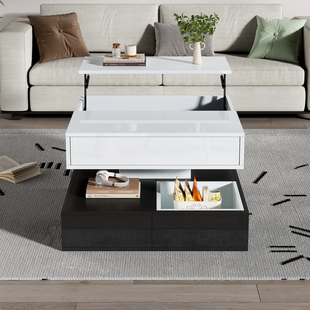 Tavolino da Caff¨¨ con Piano Rotante 360¡ã e Cassetti ¨C MINIMAL ¨C Bianco/Nero, 70x70x40