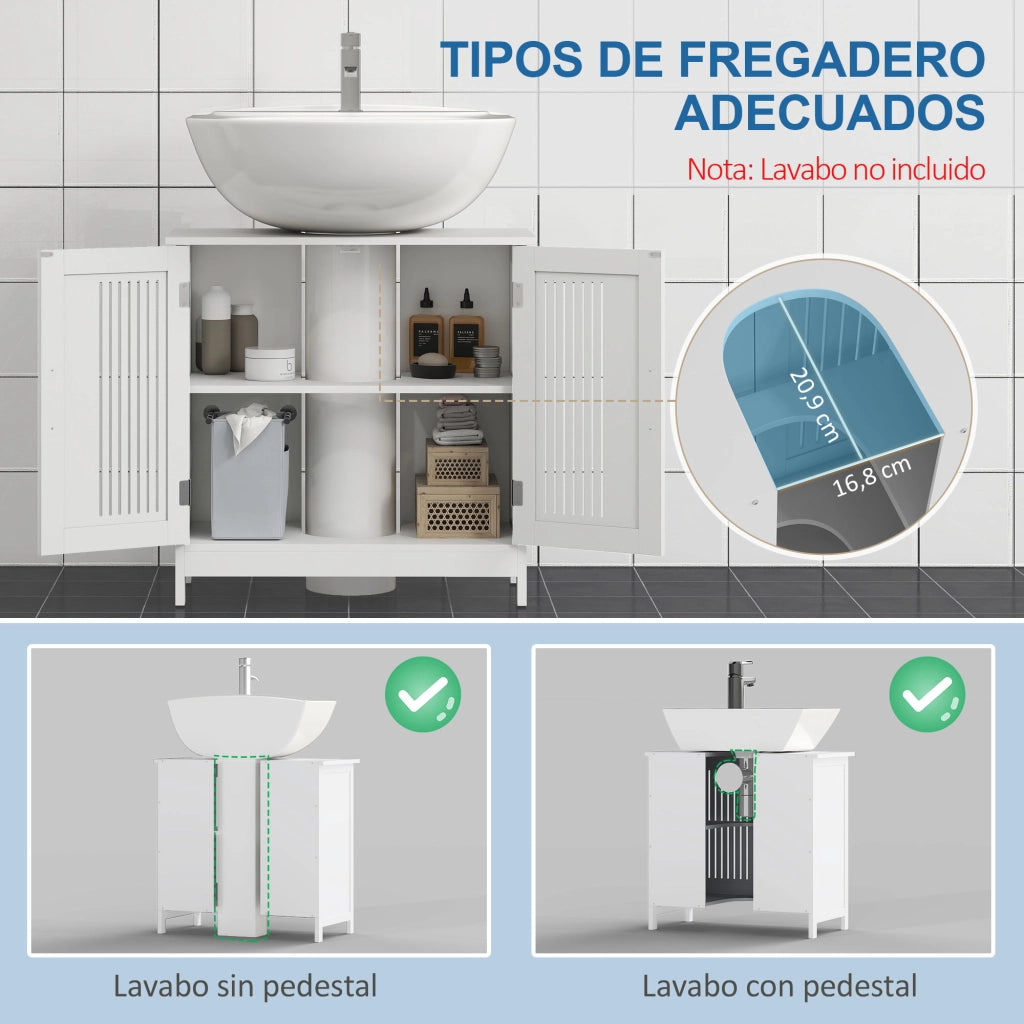 Mobile Sottolavabo Bagno in Legno con 2 Ante Ventilate e Ripiano Regolabile ¨C zephmum ¨C Bianco 60x30x60 cm