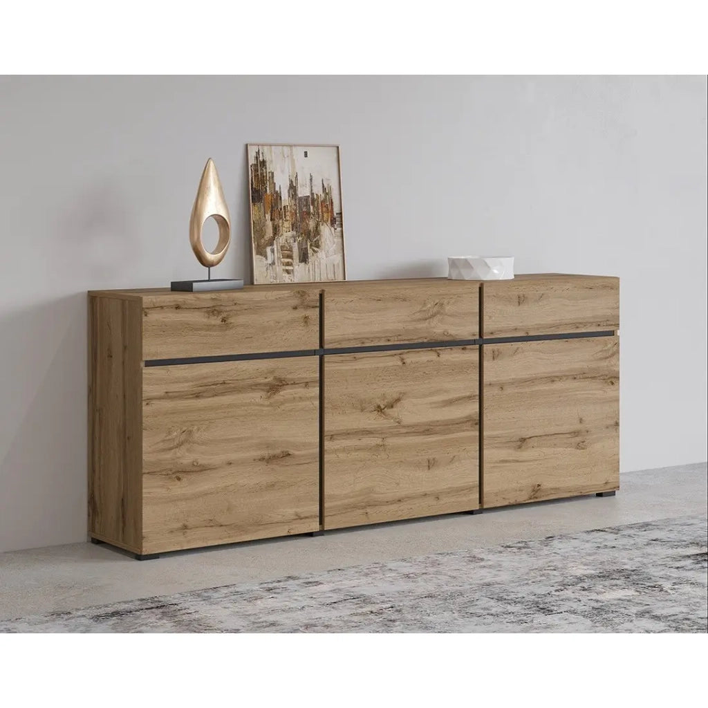 Buffet coloris chêne et noir 180cm collection HAVANA. Credenza design con 3 porte e 3 cassetti.