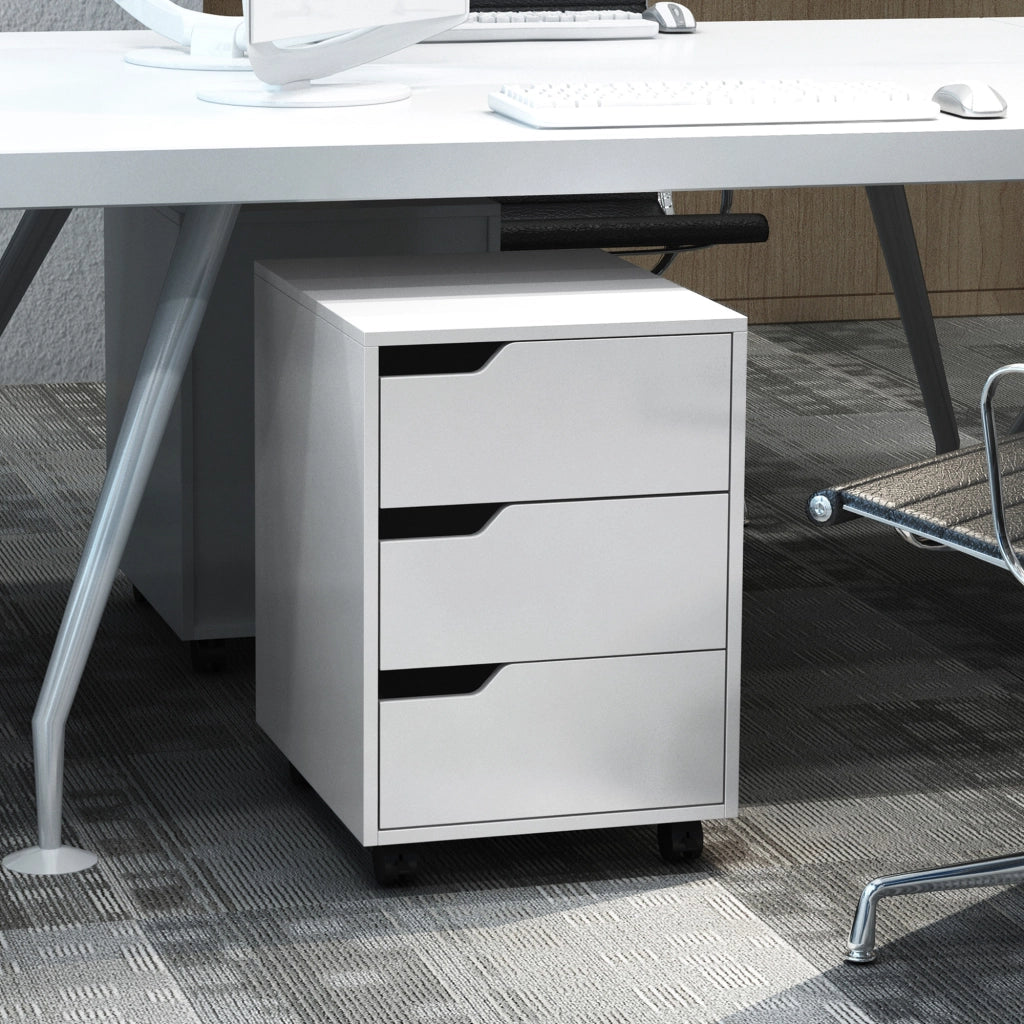 Cassettiera da Ufficio a 3 Cassetti con Maniglie a Scomparsa. in Legno e Metallo. 40x50x57.5 cm. Bianco