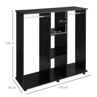 Armadio con 2 Guardaroba, 5 Ripiani e 6 Ruote, in Legno e Alluminio, 120x40x128 cm, Nero
