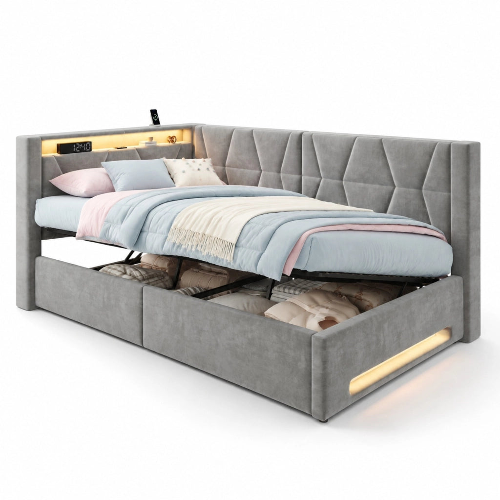 Letto singolo imbottito 90x200 cm con contenitore idraulico; LED; USB e Type-C grigio scuro