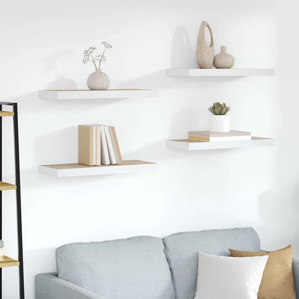 4 pz Scaffali a Parete | Ripiano a parete | Mensole a Parete Rovere e Bianco 60x23,5x3,8 cm in MDF