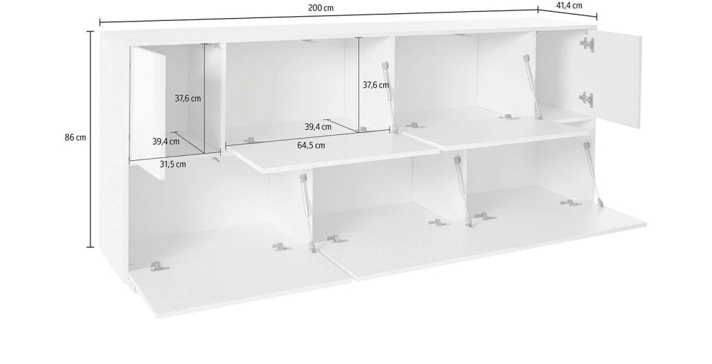 Credenza 7nAnte 200x41,4x86 cm Bloom Bianco Lucido e Noce