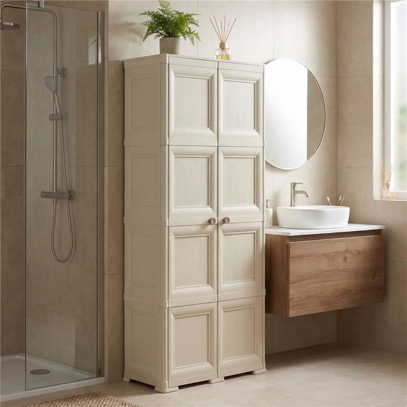 ARMADIO 4 MODULI IN PLASTICA 79X43X164 CM – MOBILE CONTENITORE MULTIUSO PER SALOTTO, PERGOLATO E BALCONE COPERTO, DESIGN CLASSICO EFFETTO LEGNO