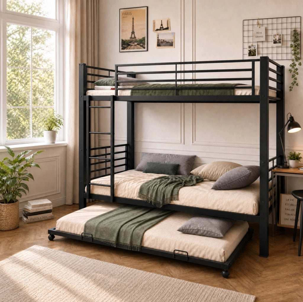 Letto a castello 3 posti in metallo nero 90x200 cm