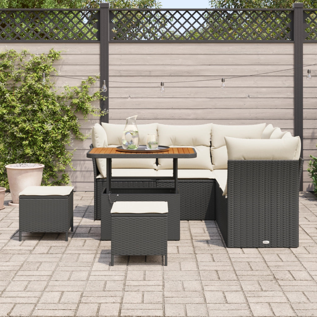 Set di Divano da Giardino 8 Pezzi con Cuscini Nero Rattan Sintetico Acacia