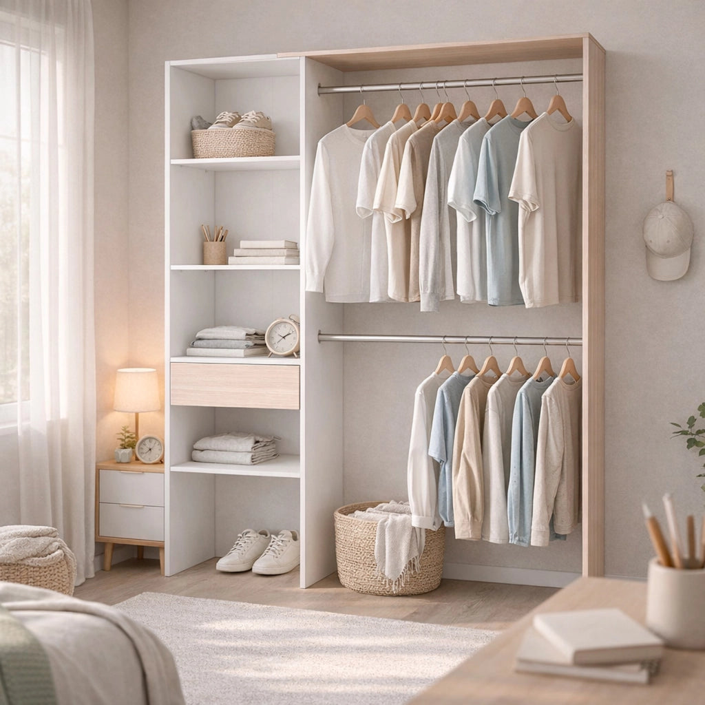 Armadio Guardaroba Con Ripiani E Doppia Barra Appendiabiti Mobile Salvaspazio Camera Da Letto Bianco Rovere Con Cassetto Design Moderno 187x158x40 Cm