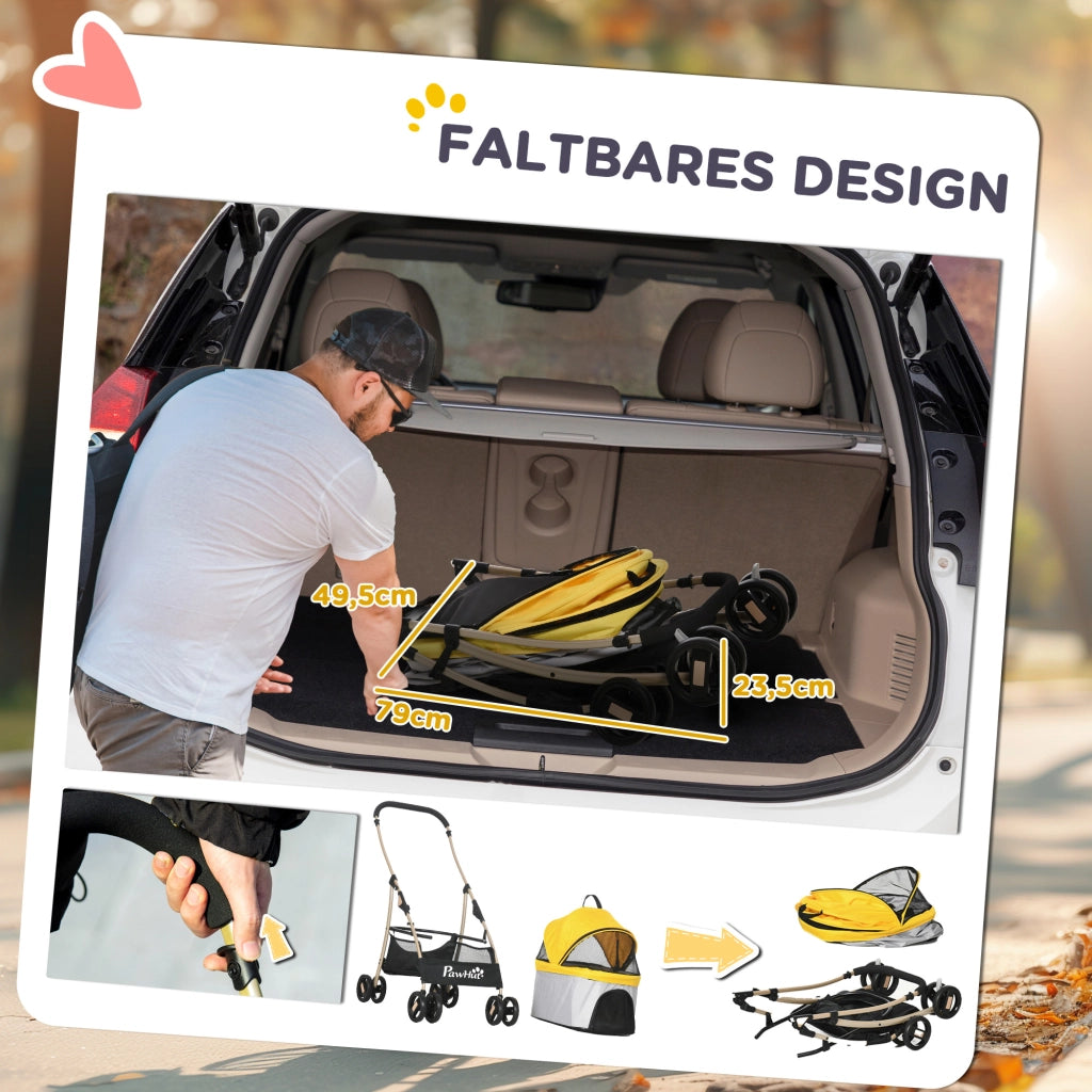 Carrello pieghevole 2 in 1 per cani e gatti con cesta e tasca, ruote con freno, guinzagli di sicurezza, acciaio, giallo