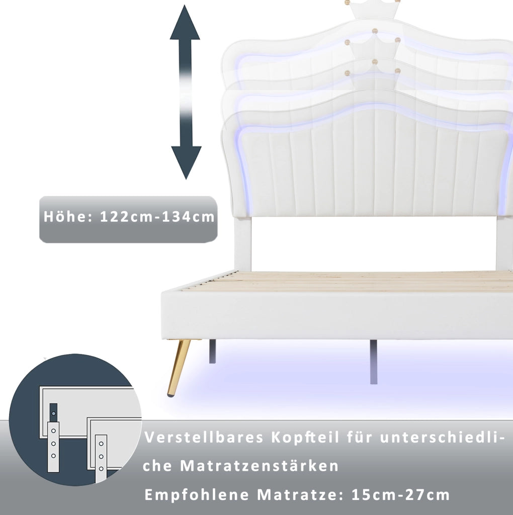 Letto imbottito per bambini 140x200 cm bianco con LED