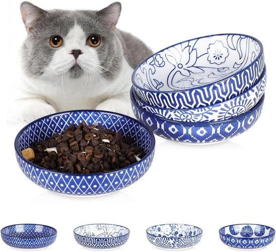 Set di 4 Ciotole Ceramiche per Gatti | Grande e Profonda | 226 ml | Per Cibo e Acqua | Piatto Piccolo | Riduce la Formazione di Pelliccia e la Fatica