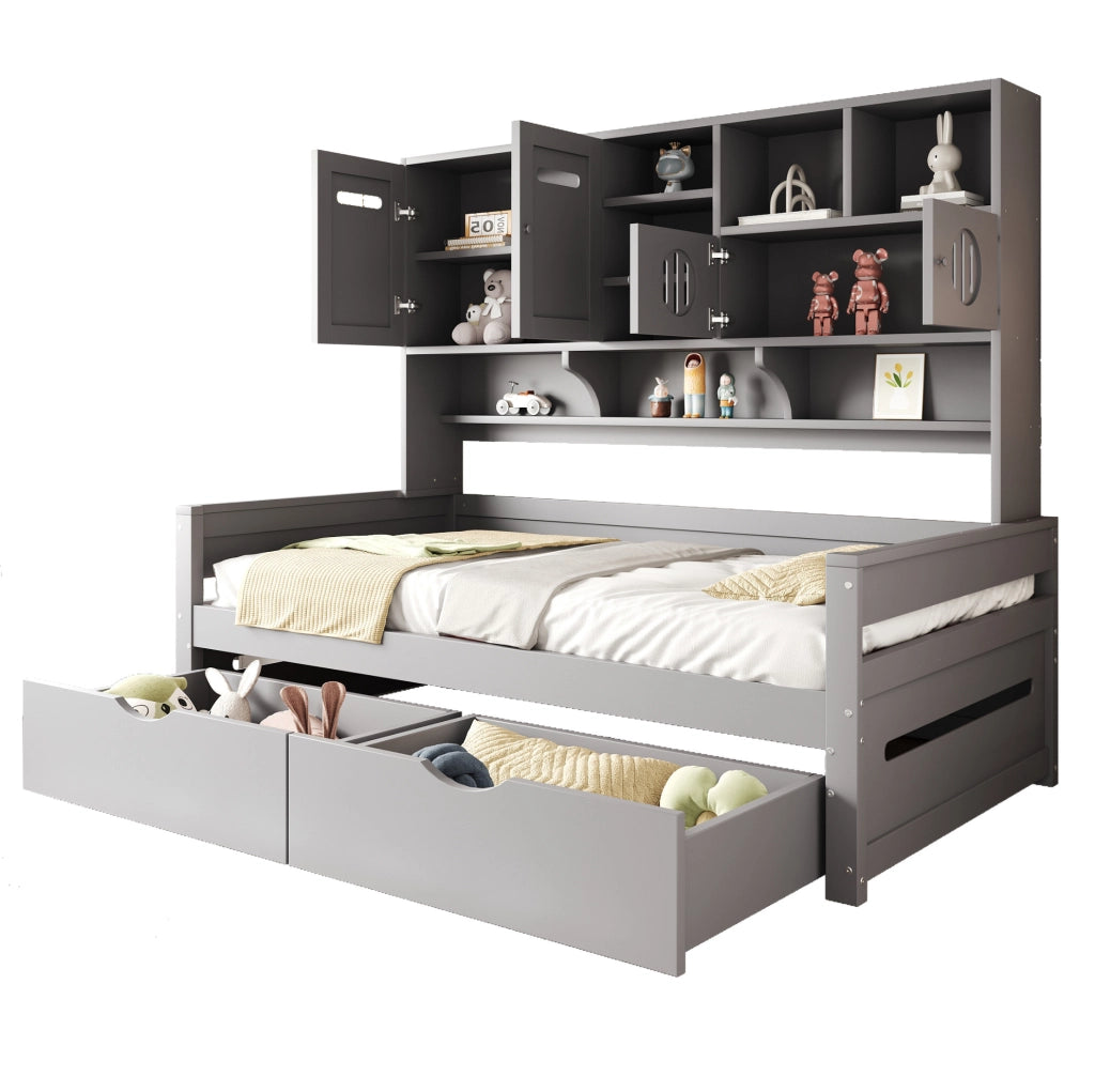 Letto singolo multifunzionale 90x200 cm con cassetti e vani contenitivi grigio