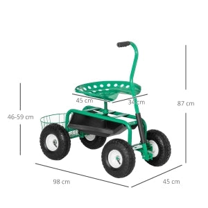 Carrello da giardino con seduta girevole, vassoio portaoggetti, altezza regolabile, portata 150 kg, verde