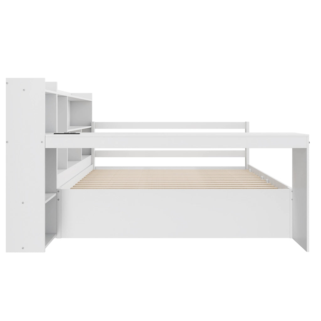 Letto a Divanetto 140x200 cm; Letto Matrimoniale con Scrivania; Mensole; USB e Cassetti; in Legno; Bianco