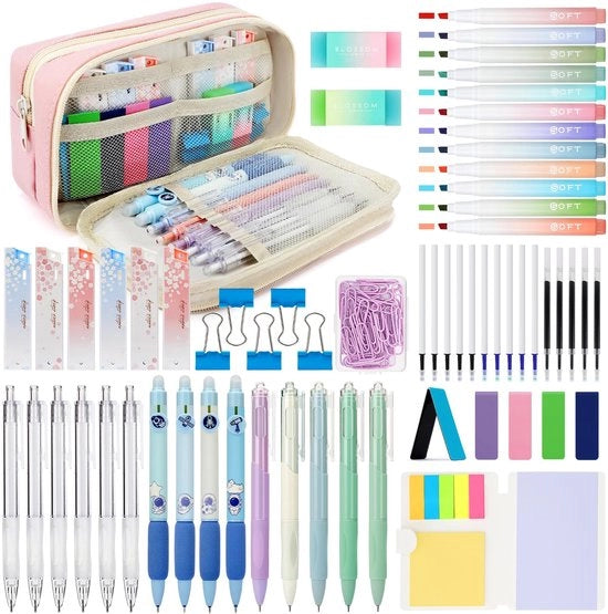 Set di scuola per ragazze con 63 pezzi, astuccio con disegnatrice, 12 matite color pastello, 5 pennarelli, 6 matite a grafite meccaniche, 4 pennarelli cancellabili, set di scrittura e disegno per ragazze, rosa