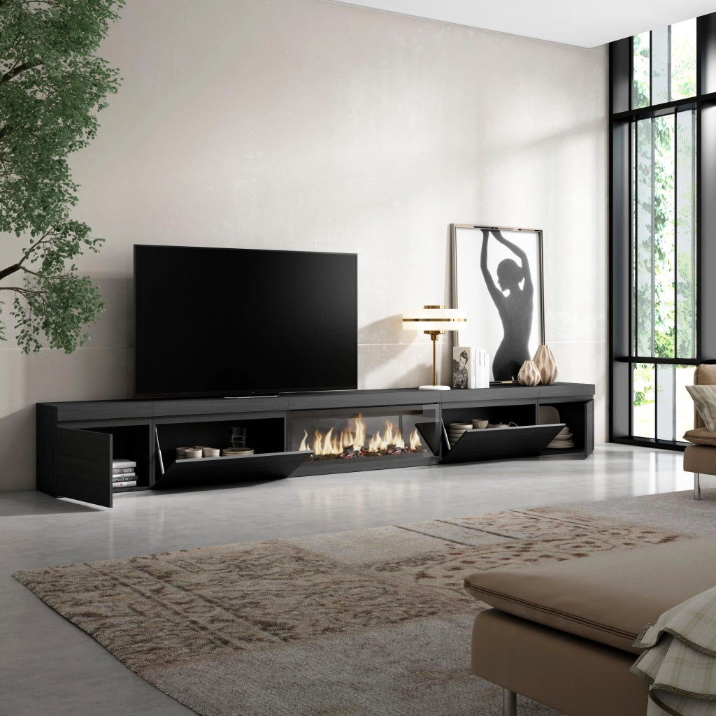 Mobile TV Soggiorno, 368x35x45, Camino elettrico XXL, Nero RF3684