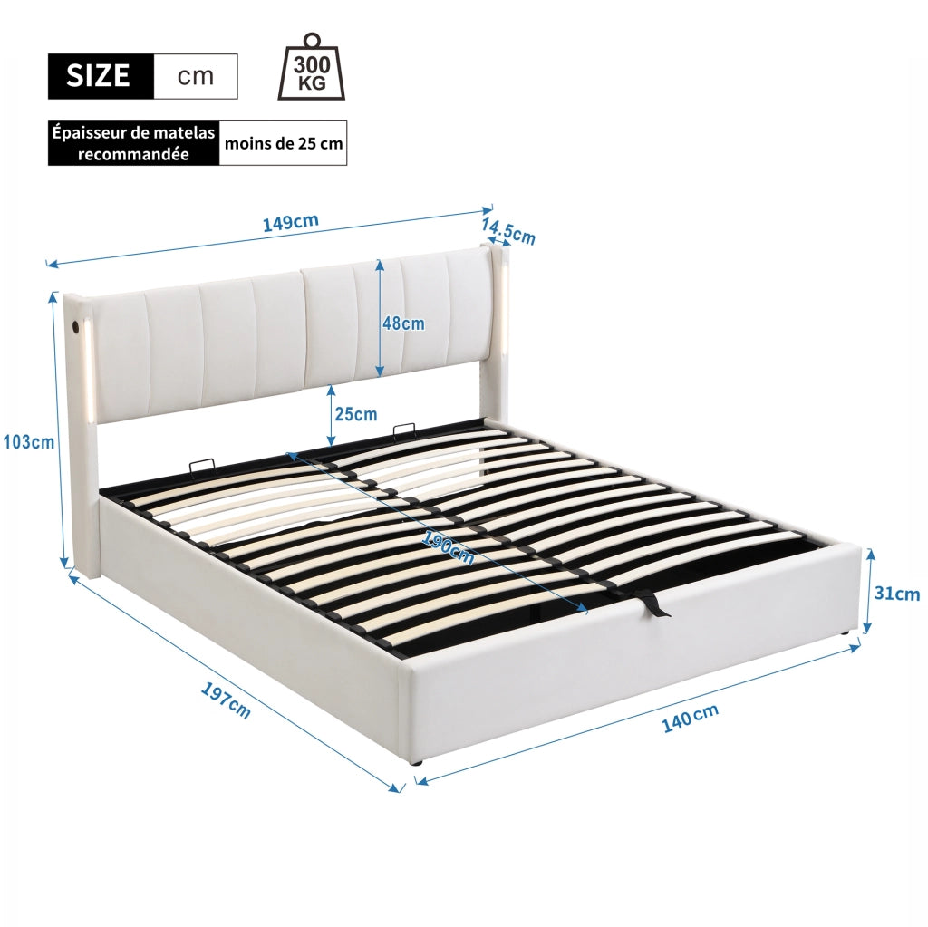 Letto matrimoniale 140x190 cm in PU bianco con LED; USB; testiera regolabile e vano contenitore