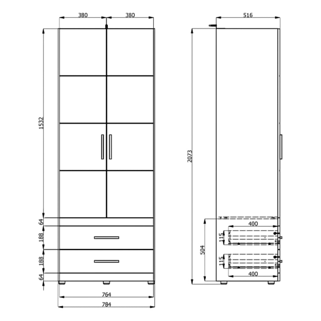Armadio Camera da Letto Tilcara, Guardaroba 2 Ante Appendiabiti, 79x208h cm Bianco Opaco