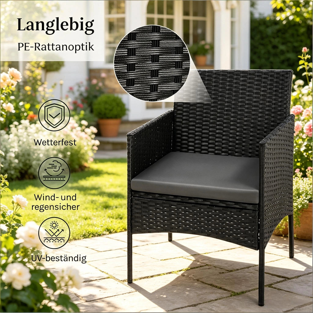 Mobili Da Giardino Per 4 Persone Nero Rattan Ferro Vetro Tavolo 71 Cm Salotto Esterno