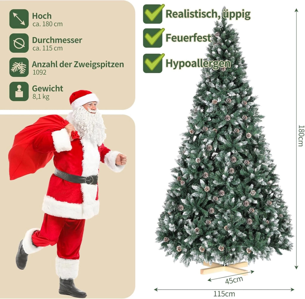 Albero di Natale Innevato 180cm, Albero di Natale Artificiale con 32PCS Pigne, Super Folto, Effetto Realistico e Rami con Aghi Anticaduta, Supporto in Legno, 1092 Punte, Decorazione Natalizia