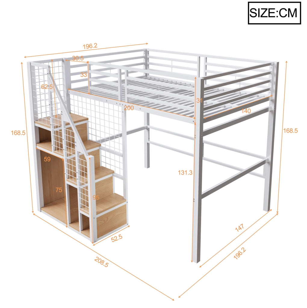 Letto a soppalco 140 x 200 cm bianco in metallo e MDF con scala e vano guardaroba