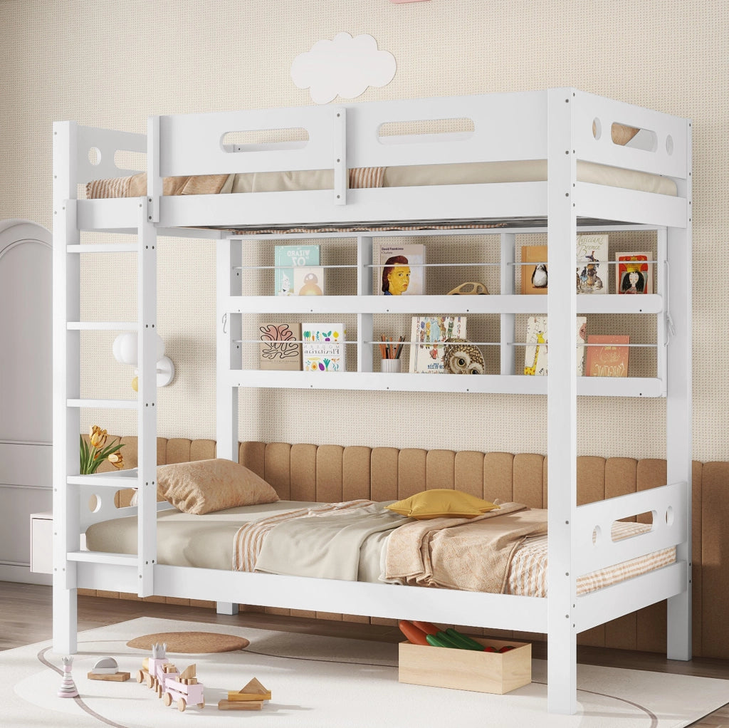 Letto a castello 90x200 cm bianco e naturale con scala a 5 gradini e mensole