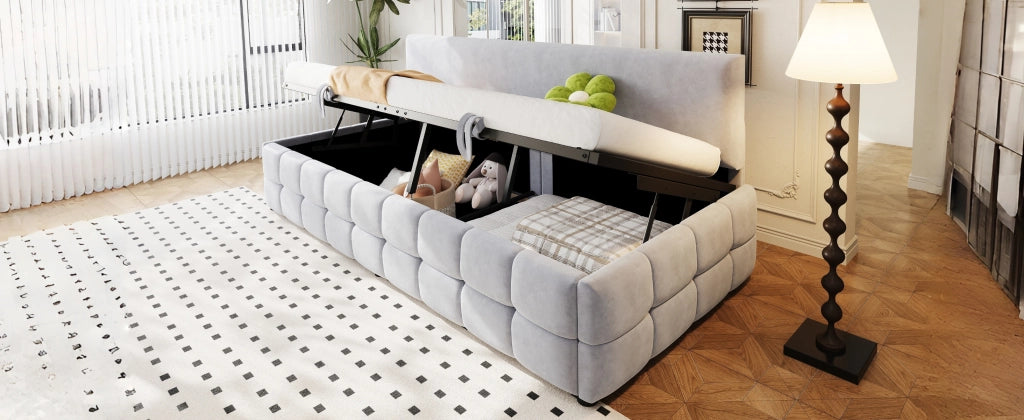 Letto imbottito con vano contenitore idraulico velluto grigio chiaro 90x200 cm