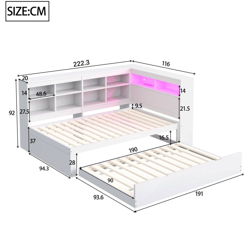 Divano letto singolo in legno con letto estraibile, LED e USB