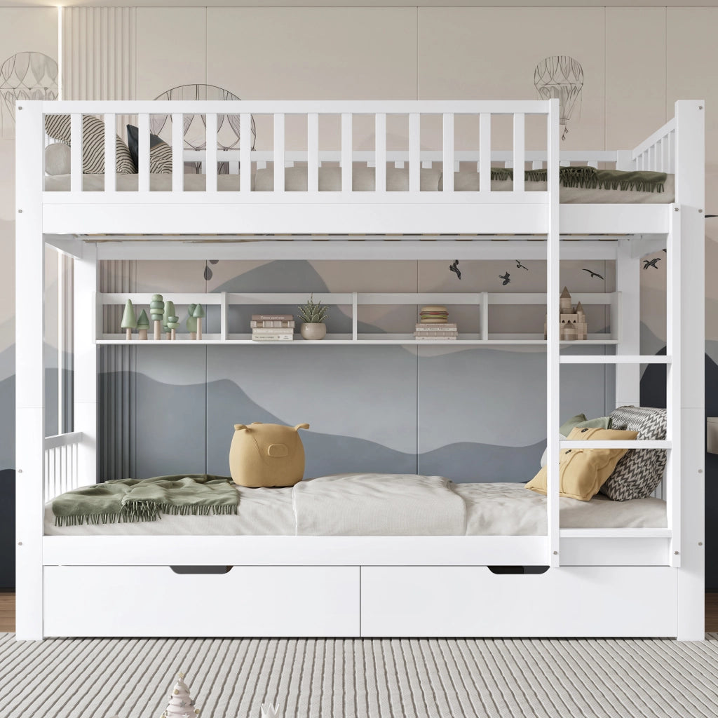 Letto a soppalco per bambini - Zephmum- 3 piani, scala, griglia di sicurezza, ripiani, cassetti, bianco, 90x200cm