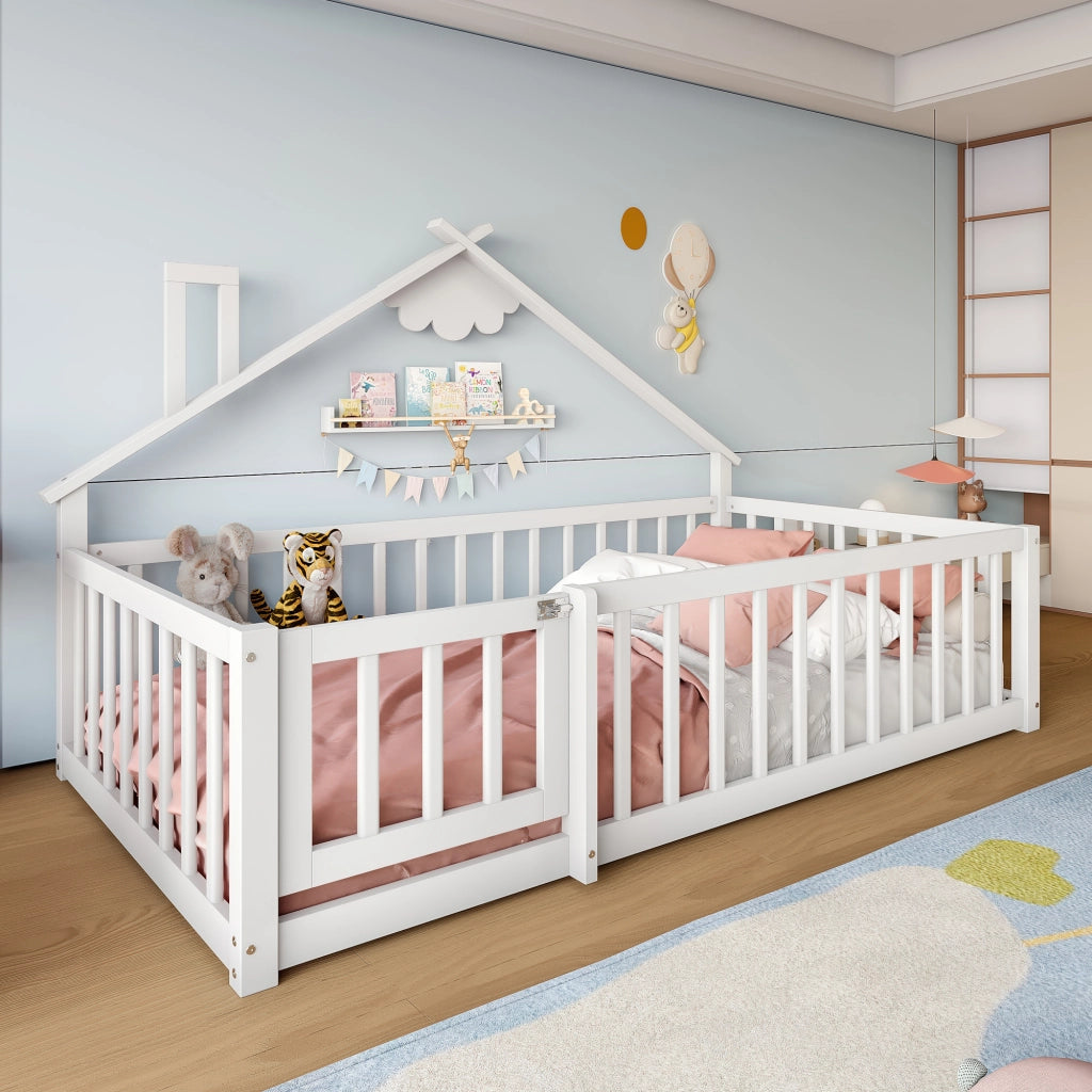Letto a Casetta 90×190 cm; Letto Singolo per Bambini con Sponda con Chiusura; senza Materasso; Bianco