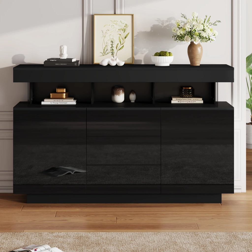 Credenza Moderna Nera Lucida 140 cm con 3 Cassetti e 2 Ante; Mobile Soggiorno con LED