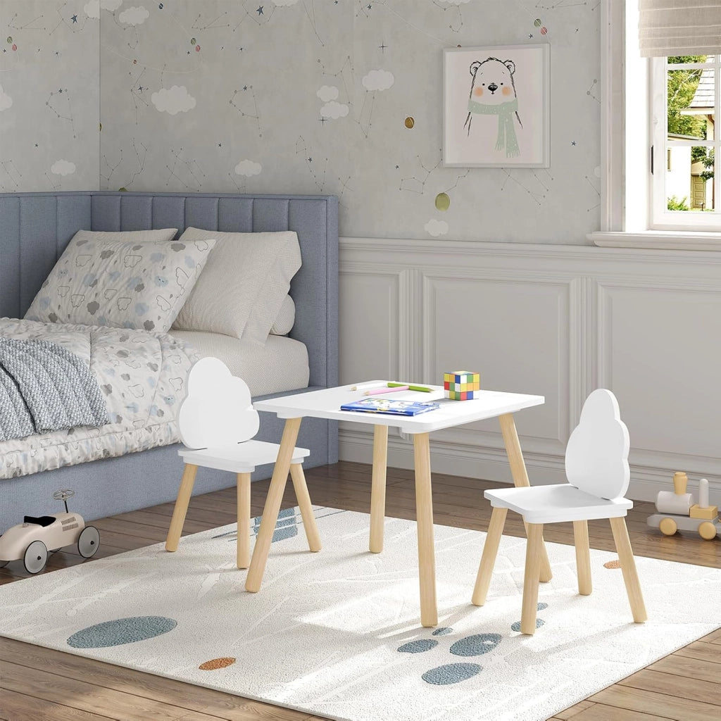 Set di Tavolo e Sedie per Bambini a 3 Pezzi, Tavolino Bambini con Sedie Montessori, Tavolo in Legno e 2 Sedie, per Cameretta, Camera da Letto, Bianco