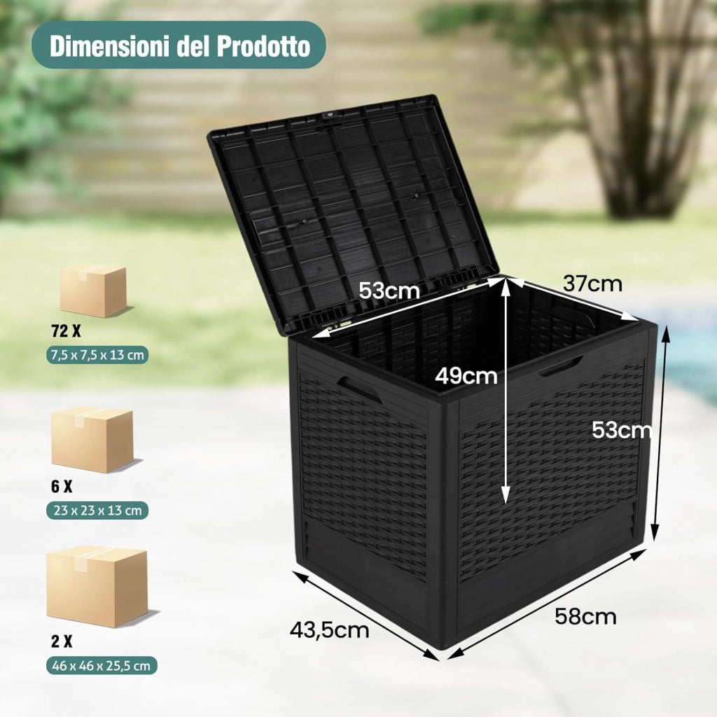 Baule da Esterno 96 L, Cassapanca Contenitore Impermeabile con Effetto Rattan, Coperchio Bloccabile e Maniglie, per Giardino, Patio e Piscina, 58 x 43,5 x 53 cm (Nero)