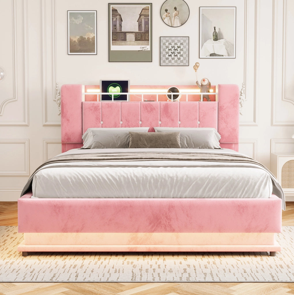 Letto imbottito 160x200 cm con LED; USB; contenitore idraulico e rivestimento in velluto rosa