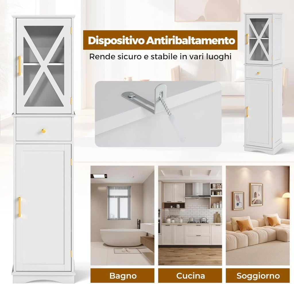 Armadietto da Bagno 40 x 30 x 168 cm, Colonna Bagno con Cassetto, 2 Ante e 3 Ripiani Regolabili, Mobiletto Salvaspazio per Cucina, Soggiorno e Ufficio (Bianco)