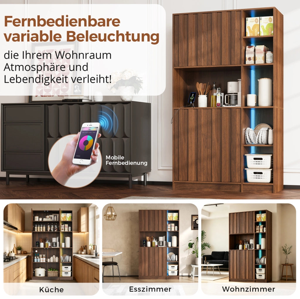 Credenza alta multifunzionale 105x40x180 cm in MDF colore noce con LED RGB e prese integrate