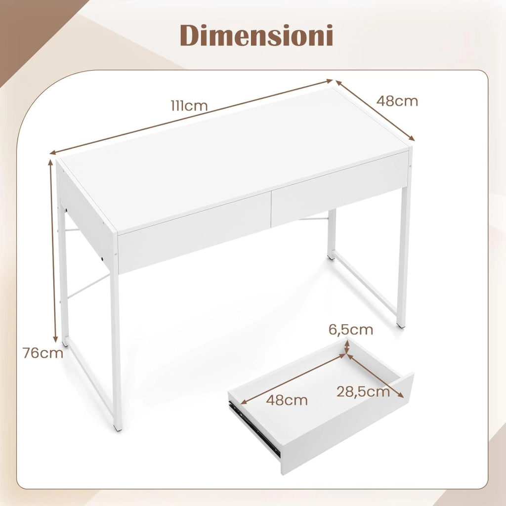 Scrivania per Computer con 2 Cassetti, Scrivania Porta PC con Telaio in Metallo e Legno, Posizione da Lavoro per Studio e Ufficio, Portata 100 kg, 112 x 48 x 76 cm (Bianco)