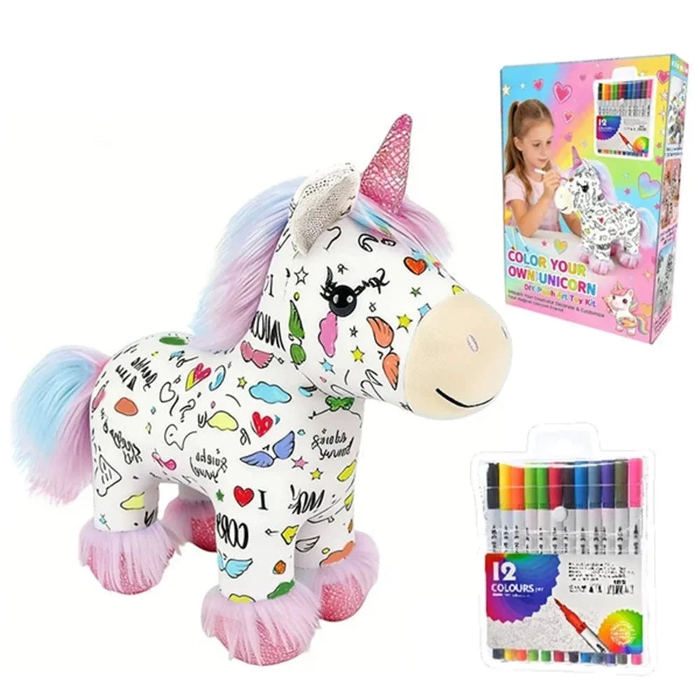 Trade Shop - Kit Peluche Unicorno Da Colorare Con 12 Pennarelli Lavabile Gioco Creativo Per Bambini -