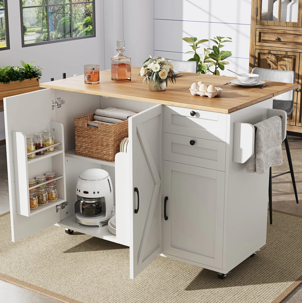Carrello da cucina 120x43.2x92 cm pieghevole con ruote bloccabili in MDF bianco