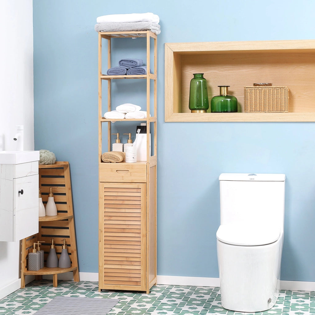 Mobile Bagno Alto 3 Ripiani 1 Cassetto e 1 Armadietto 32x30x163 cm in Bambù color Legno