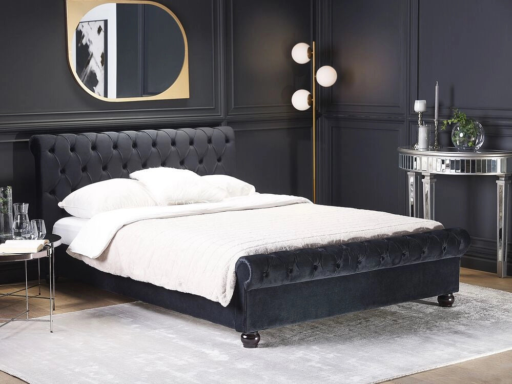 Letto Rivestimento in velluto Nero Gambe in legno Nero matrimoniale 140 x 200 cm con bottoni Glam