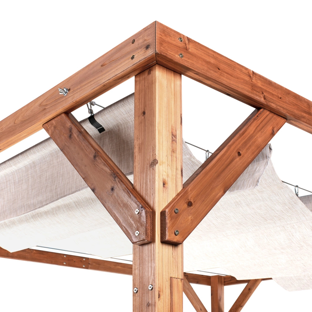 Pergola Beige Tessuto Costruzione in legno di abete 320 x 380 cm Tessuto Ombra pieghevole Struttura in legno Padiglione da giardino